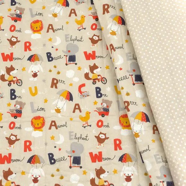 Zertifiziert Steppstoff Doubleface "Tiere & Buchstaben" Farbe Hell-Beige
