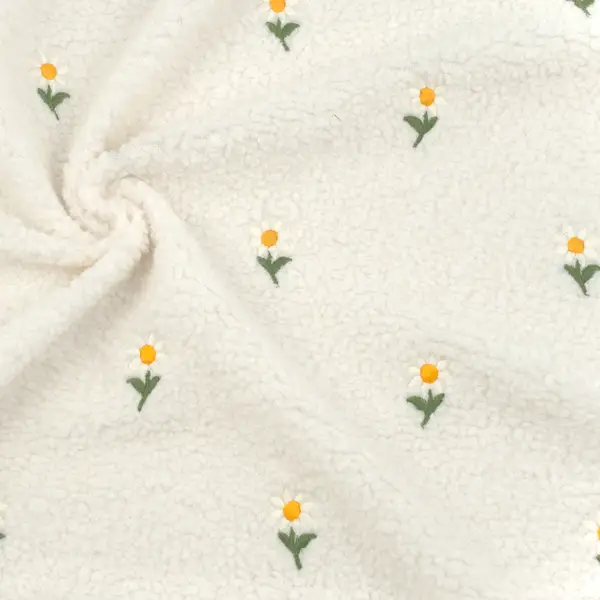 Teddy Plüschstoff bestickt "Margeriten 2" Farbe Creme-Weiss Expressversand
