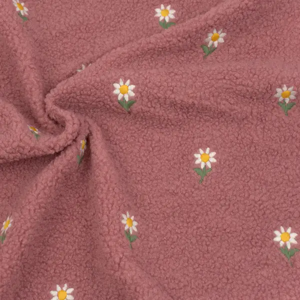 Teddy Plüschstoff bestickt "Margeriten 2" Farbe Alt-Rosa Neue Kollektion