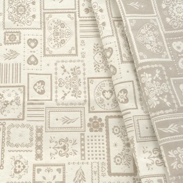 Jacquard Dekostoff Doubleface "Landhaus Patchwork 6" Farbe Ecru-Beige Finale Aktion