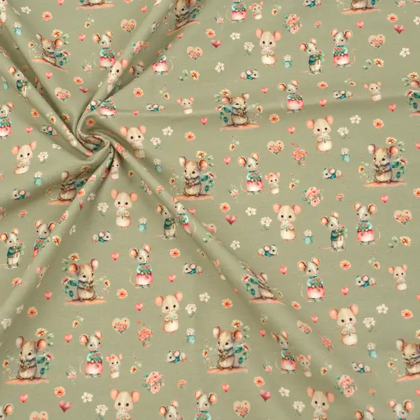 Direkt Vom Hersteller Baumwoll Stretch Jersey "Mäusefamilie" Farbe Hell-Oliv