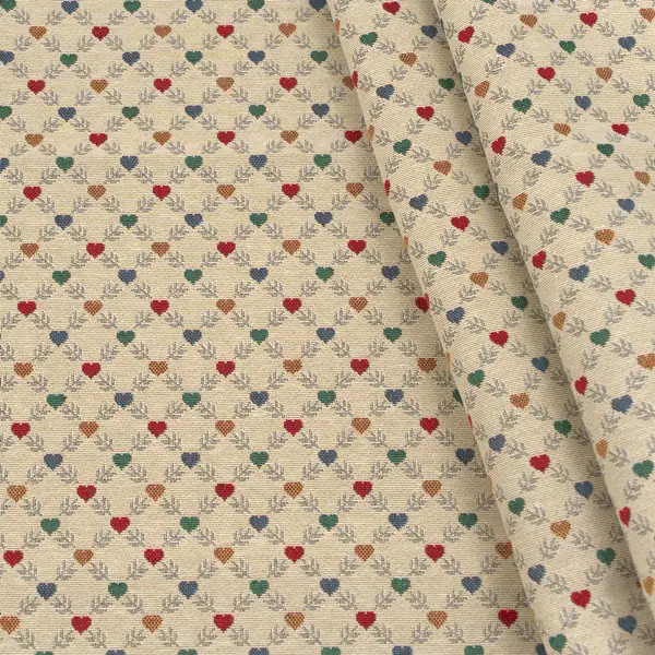 Markenprodukt Gobelin Möbelstoff Dekostoff "Bunte Landhaus Herzen" Farbe Natur