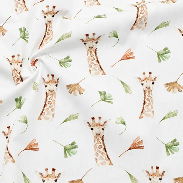 Super-Preis 2,00 Meter - 100% Baumwolle Popeline "Giraffen & Blätter" Farbe Weiss