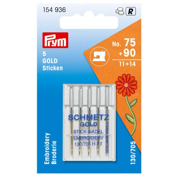 Prym / Schmetz Sortiment Spezial Nähmaschinennadeln mit Flachkolben Gold Sticken No. 75-90 Günstig
