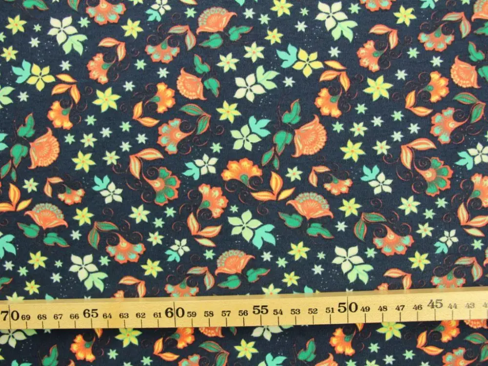 Direktkauf Baumwolle Jersey - Megan Blue: Spring Flowers Dark Blue/Coral