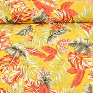 Cotton Viscose - Red Grey Leaves on Ocher Nur Heute