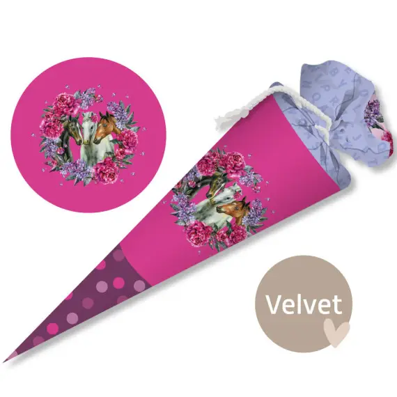 DIY-Nähset Schultüte - GESCHWISTERTÜTE - Dream Horses - Blumenkranz - Pink - Velvet - abby and amy Letzte Chance