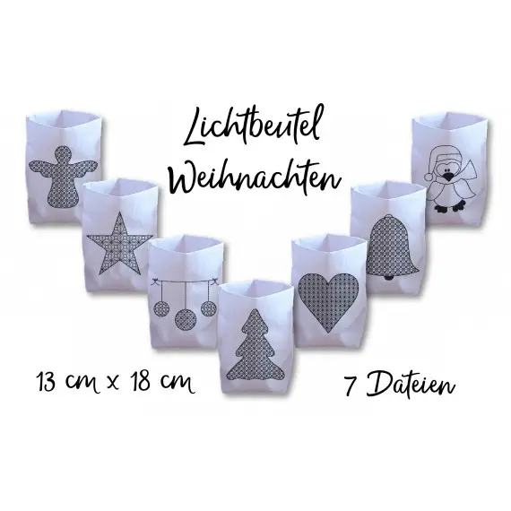 Sonderaktion Stickdatei Lichtbeutel Weihnachten ITH 13 cm x 18 cm, sieben Dateien, Lichterbeutel, Windlicht, Teelicht