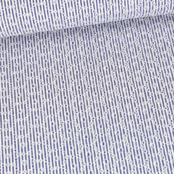 Sonderangebot Baumwolle - Webware - Lochstickerei - Blüten - Streifen - Weiß/Jeansblau