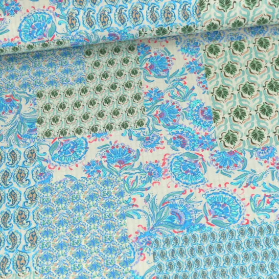 Neue Ware Baumwolle - Webware - Vintage - Blumen Mix - Beige/Cyanblau/Cyanblau