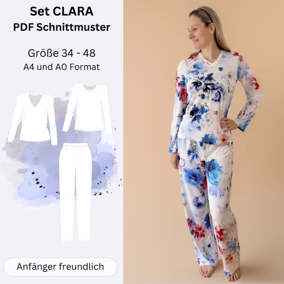 Heißes Angebot CLARA - Schlafanzug Pyjama Set - Shirt und Hose- Gr. 34-48