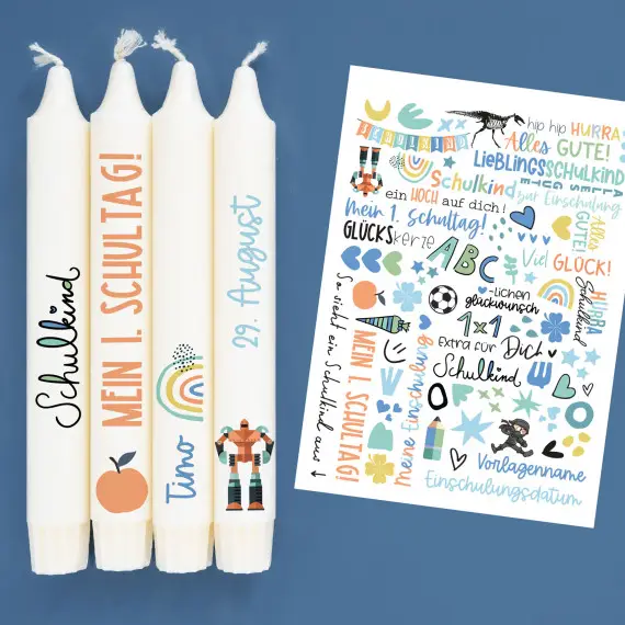 Top-Angebot DIN A4 - Tattoofolie - Einschulung - Blau - für Kerzen / Keramik