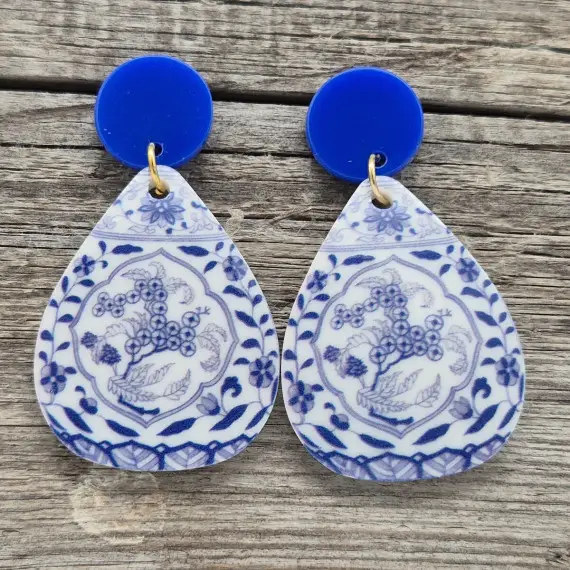 1 Paar Ohrringe - Acryl - 2-teilig - Oval & Kreis - super leicht - Blau/Weiß - Namensklang Top-Angebot
