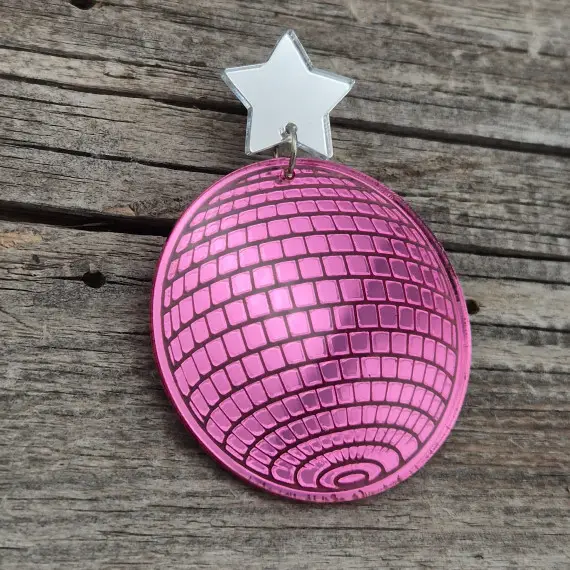 Bestseller 1 Paar Spiegel Ohrringe - Discokugel mit Stern - Pink - leichte Acryl Ohrringe - super leicht - Statement Ohrringe - Namensklang