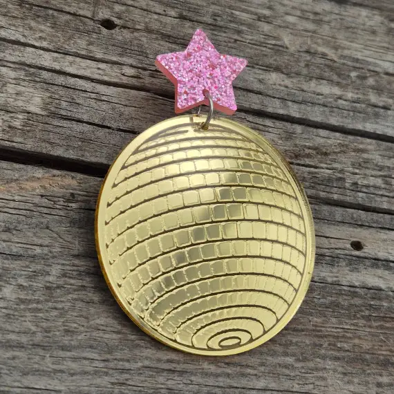1 Paar Spiegel Ohrringe - Discokugel mit Stern - Gold - leichte Acryl Ohrringe - super leicht - Statement Ohrringe - Namensklang Neue Kollektion