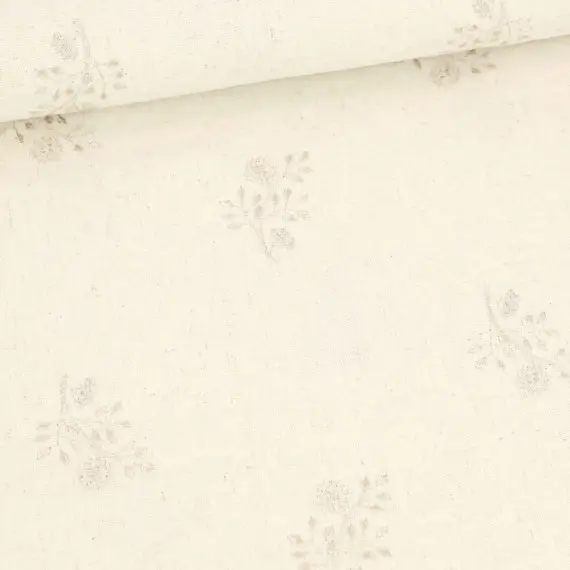 Meistverkauft Viskose Leinen - Leinenstoff - bestickt - Zweige mit Blüten - Creme Meliert