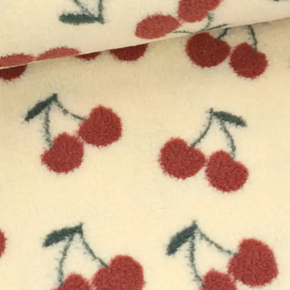 Markenware Teddystoff - Teddy Jacquard - Kirschen - Ecru/Altrot